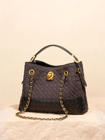 Retro Gewebte Kontrast Wildleder Tote Bag Für Damen 2025 Neue Mode Eimertasche Metallkette Crossbody Schultertasche Handtasche