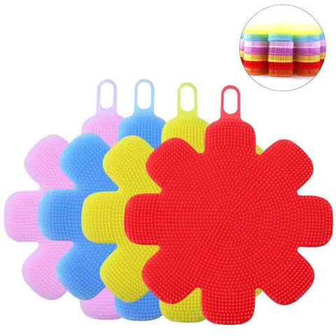 Multifunctional Silicone Dishwashing Brush Food Grade Kitchen Cleaning Scrubber Flexible Floral Shape with Hanging Hole