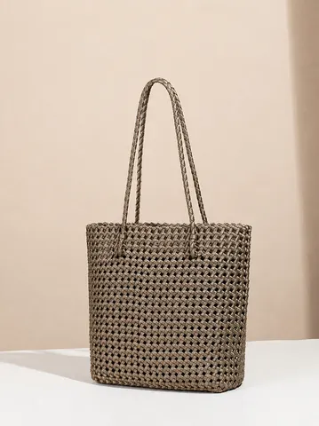 Style Harajuku Tissé à la Main Satin Sac à Épaule Sac Cabas Grande Capacité Minimaliste Motif de Diamant Cordon de Serrage Navettage Sac pour Unisexe