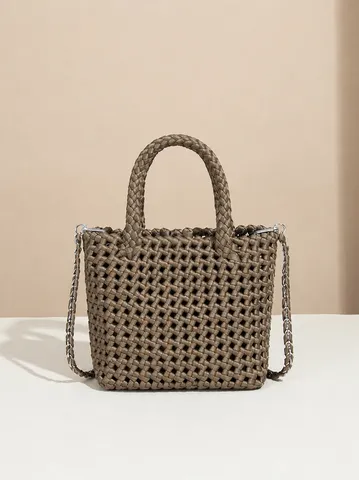 Sac à main rétro tissé à la main en satin pour femmes avec design ajouré en panier et bandoulière chaîne Sac à main mode