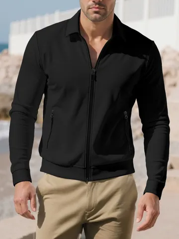 Men's Casual Waffle Zip Jacket Solid Color Turn-down Collar Slim Fit Long Sleeve Outerwear