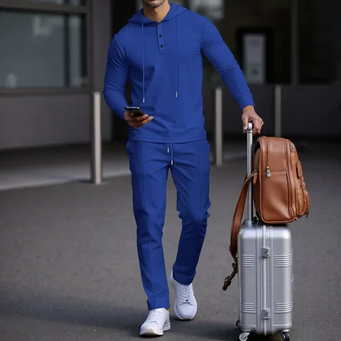 Men Waffle Knit Hoodie And Pants Casual Two Piece Set Solid Color Long Sleeve Pullover Tracksuit Activewear