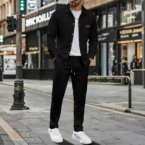 Men Casual Waffle Knit Suit Set Solid Color Utility Pocket Button Cardigan Jacket And Long Pants Tracksuit