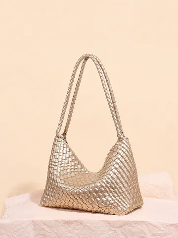 Retro PU Cuero Tejido a Mano Bolso de Hombro Casual Color Sólido Hobo Axila Dumpling Bolso para Mujeres Viaje Diario Bolso de Mano Con Bolsa