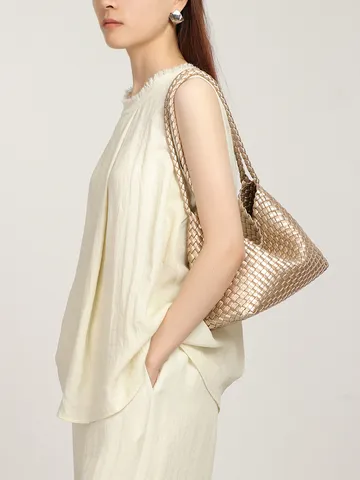 Retro PU Cuero Tejido a Mano Bolso de Hombro Casual Color Sólido Hobo Axila Dumpling Bolso para Mujeres Viaje Diario Bolso de Mano Con Bolsa