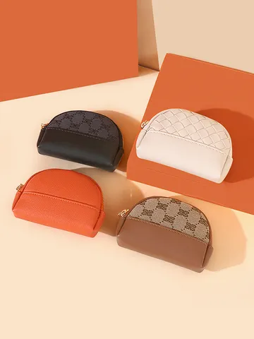 Vintage Geometric Monogram Woven Coin Purse Multi Functional Mini Zipper Wallet Exquisite Half Round Keychain Bag Storage For Women