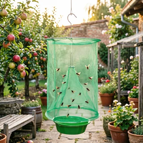 Trampa para Moscas Colgante Plegable Jaula de Red de Captura para Exteriores Herramienta de Control de Plagas de Jardín Con Recipiente de Plástico