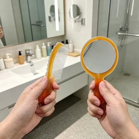 Portable Handheld Makeup Mirror and Hair Brush Set 2 in 1 Travel Mini Pocket Cosmetic Mirror with Comb for Daily Use