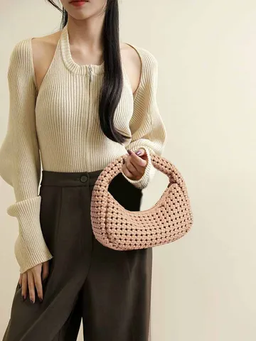 Bolso de Mano Dumpling Tejido a Mano Estilo Francés de Cuero PU Elegante Hobo Con Cremallera para Mujer Combinación Diaria Casual