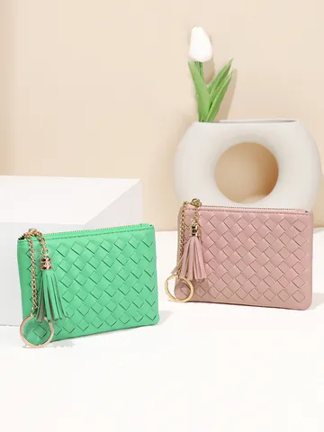 Mini Porte-monnaie en Cuir Tissé pour Femmes Avec Porte-clés à Gland Mignon Petit Portefeuille à Fermeture Éclair Porte-cartes