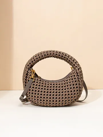 Handgewebte Satin Top Handle Tasche Hohl Ausgeschnittener Windmühlenknoten Runde Handtasche Streetwear Trend Alltäglich Einfarbige Handtasche Für Damen