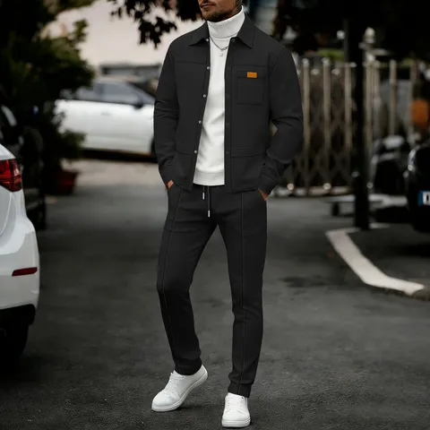 Men's Casual Waffle Knit Suit Solid Color Turn Down Collar Long Sleeve Jacket And Cargo Pants Set Fashion Streetwear