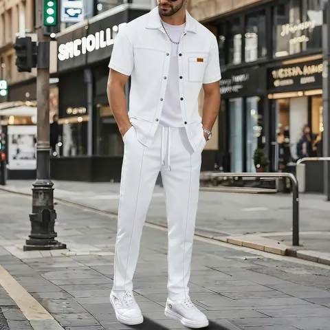 Men Casual Waffle Solid Color Lapel Cargo Pocket Jacket And Long Pants Top And Bottom