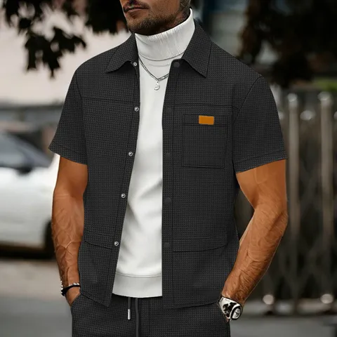 Men's Casual Waffle Knit Short Sleeve Polo Shirt Button Down Lapel Cardigan Solid Color Summer Top