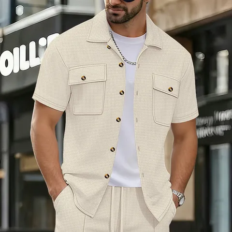 Men's Casual Waffle Short Sleeve T-Shirt Cardigan Solid Color Turn-Down Collar Button Pocket Summer Top