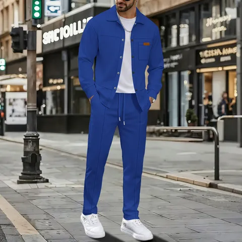 Men Casual Waffle Knit Suit Set Solid Color Utility Pocket Button Cardigan Jacket And Long Pants Tracksuit