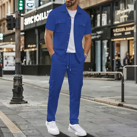 Men's Casual Waffle Knit Solid Color Lapel Cargo Pocket Short Sleeve Jacket Shirt And Long Pants Set