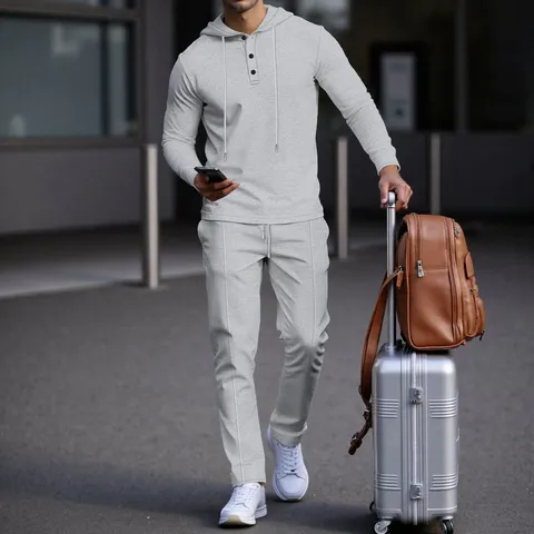 Men Waffle Knit Hoodie And Pants Casual Two Piece Set Solid Color Long Sleeve Pullover Tracksuit Activewear