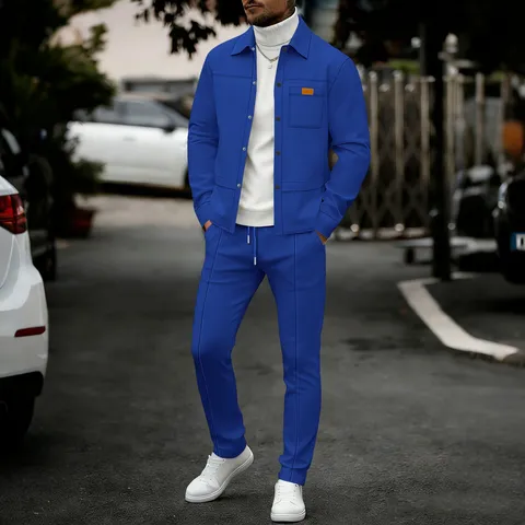 Men's Casual Waffle Knit Suit Solid Color Turn Down Collar Long Sleeve Jacket And Cargo Pants Set Fashion Streetwear