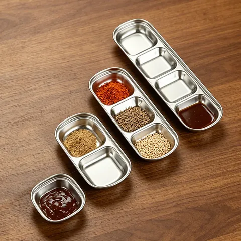 Stainless Steel Sauce Dish Metal Seasoning Plate Divided Dip Bowl For BBQ Hot Pot Kitchen Dining Tableware