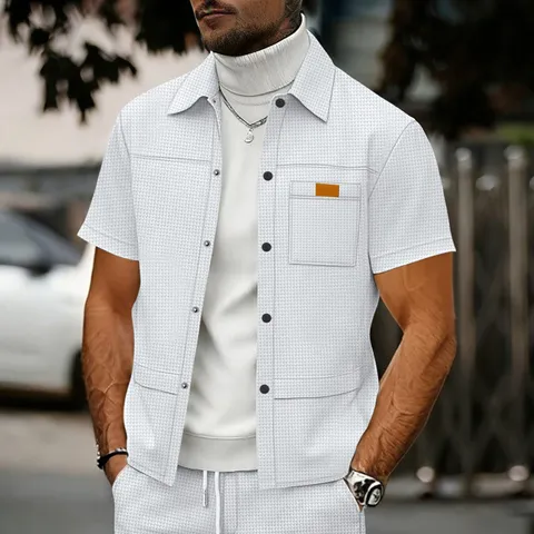 Men's Casual Waffle Knit Short Sleeve Polo Shirt Button Down Lapel Cardigan Solid Color Summer Top