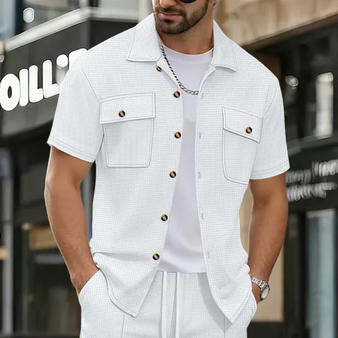 Men's Casual Waffle Short Sleeve T-Shirt Cardigan Solid Color Turn-Down Collar Button Pocket Summer Top