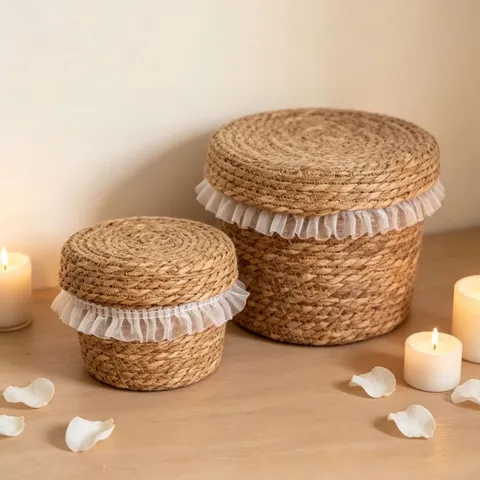 Handmade Woven Cattail Storage Basket With White Lace Trim And Lid Round Desktop Sundries Cosmetic Organizer Home Decor