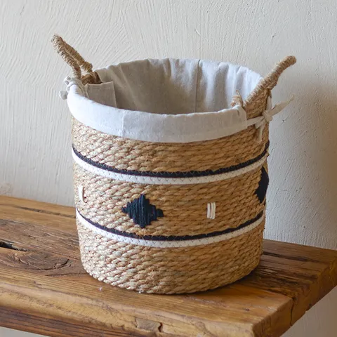 Panier à Linge en Massette Tissé à la Main Avec Doublure en Tissu Double Poignées Style Bohémien Bac de Rangement en Paille pour Vêtements Jouets