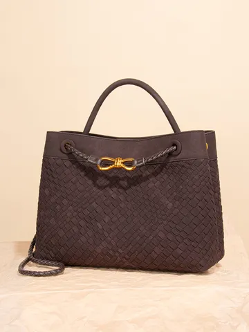 Damen Handgewebte PU Leder Tote Tasche Mode Schultertasche Mit Metallischer Knoten Verzierung Lässig Große Kapazität Umhängetasche