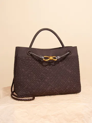 Damen Handgewebte PU Leder Tote Tasche Mode Schultertasche Mit Metallischer Knoten Verzierung Lässig Große Kapazität Umhängetasche