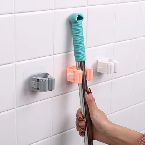 Plastic Wall Mounted Mop Holder Broom Gripper Brush Hanger Storage Rack Punch Free Organizer For Bathroom Kitchen