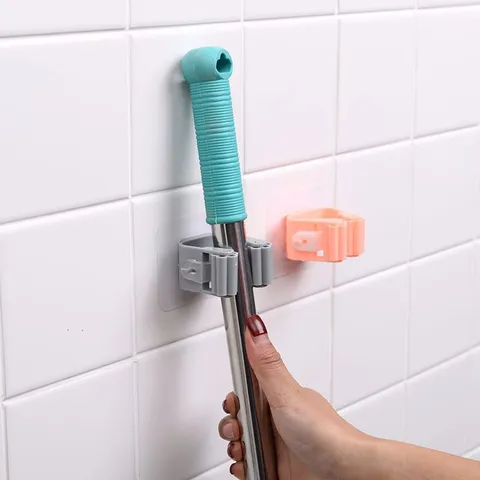 Plastic Wall Mounted Mop Holder Broom Gripper Brush Hanger Storage Rack Punch Free Organizer For Bathroom Kitchen