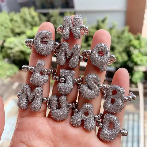 Minimalista Cobre Zirconia Letra Inicial Anillo Abierto Plateado Cadena De Cuentas Ajustable Moda Joyeria Anillo De Dedo Regalo Para Mujeres