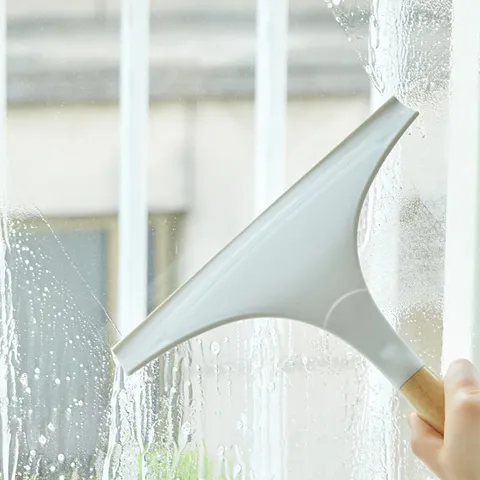 Household Glass Squeegee Window Cleaning Tool With Soft Rubber Blade And Wooden Handle