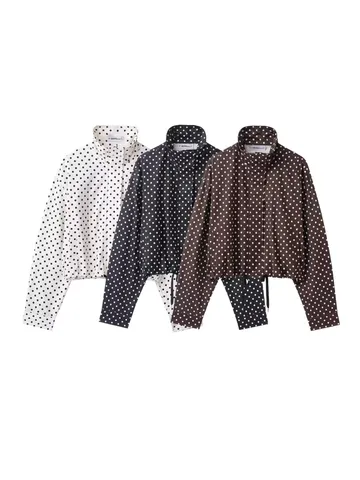 Women Vintage Polka Dot Seersucker Long Sleeve Stand Collar Jacket Shorts Top And Bottom Casual Outfit