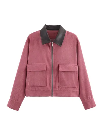 Women's Casual Corduroy Jacket Long Sleeve Zip Up Lapel Outerwear Elegant Spring Coat