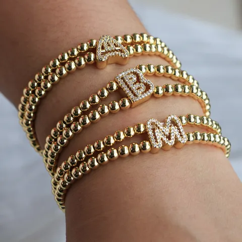 Pulsera Elástica de Cuentas con Abalorio de Letra y Estrás Chapada en Oro de 18K de Cobre Joyería de Moda para Mujeres