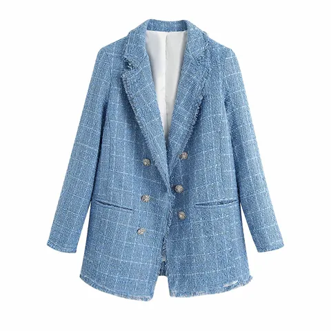Women's Casual Long Sleeve Lapel Double Breasted Tweed Blazer Jacket Vintage Plaid Fringe Trim Outerwear