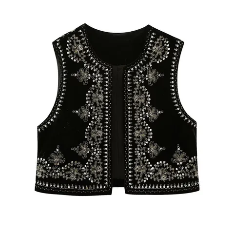 Women's Vintage Ethnic Style Velvet Sequin Embroidered Vest Open Front Sleeveless Cardigan Autumn Winter Outerwear