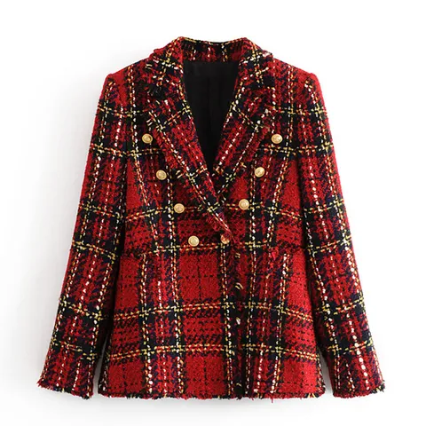 Women's Casual Long Sleeve Lapel Double Breasted Plaid Tweed Blazer Jacket Regular Fit Office Career Outerwear
