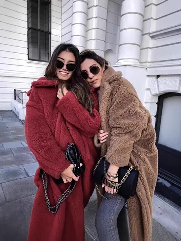 Women Long Faux Fur Teddy Coat Thickened Warm Winter Lapel Double Breasted Long Sleeve Oversized Outerwear Pocket