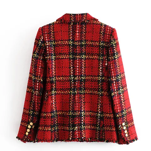 Women's Casual Long Sleeve Lapel Double Breasted Plaid Tweed Blazer Jacket Regular Fit Office Career Outerwear