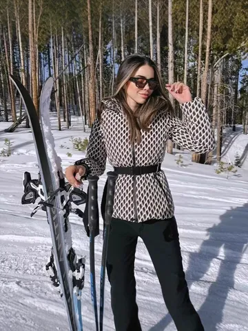Women's Winter Thickened Hooded Puffer Jacket Waist-Cinching Waterproof Thermal Ski Outerwear Geometric Printed Cotton Coat