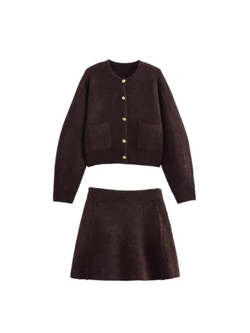 Women Knitwear Top And Bottom Set Long Sleeve Single Breasted Cardigan And A-Line Skirt Casual Polyester Outfit