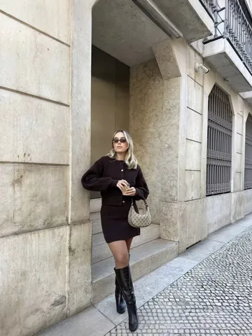 Women Knitwear Top And Bottom Set Long Sleeve Single Breasted Cardigan And A-Line Skirt Casual Polyester Outfit