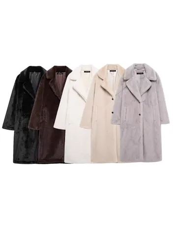 Women Casual Loose Lapel Faux Fur Long Coat Winter Warm Long Sleeve Single Breasted Jacket Outerwear
