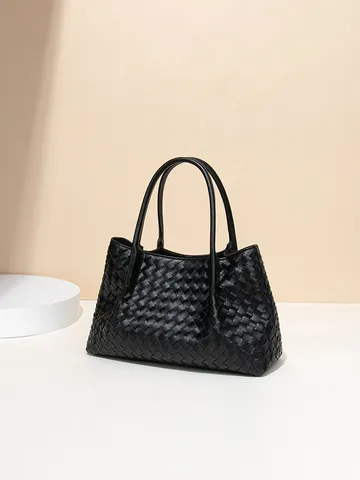 Damen Gewebte Kunstleder Tragetasche Handgewebte Große Kapazität Schulter Umhängetasche Minimalistische Mode Pendler Tasche