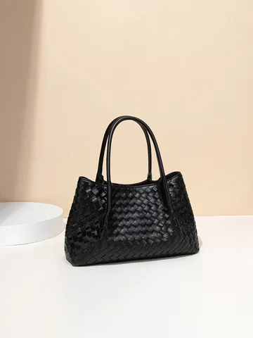 Damen Gewebte Kunstleder Tragetasche Handgewebte Große Kapazität Schulter Umhängetasche Minimalistische Mode Pendler Tasche