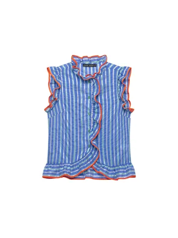 Women's Fashion Casual Blue Striped Contrast Ruffle Trim Stand Collar Sleeveless Shirt Autumn Commuting Blouse Top