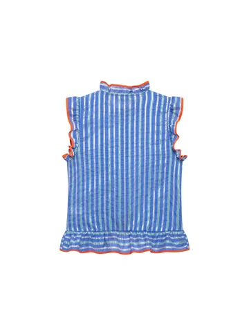 Women's Fashion Casual Blue Striped Contrast Ruffle Trim Stand Collar Sleeveless Shirt Autumn Commuting Blouse Top